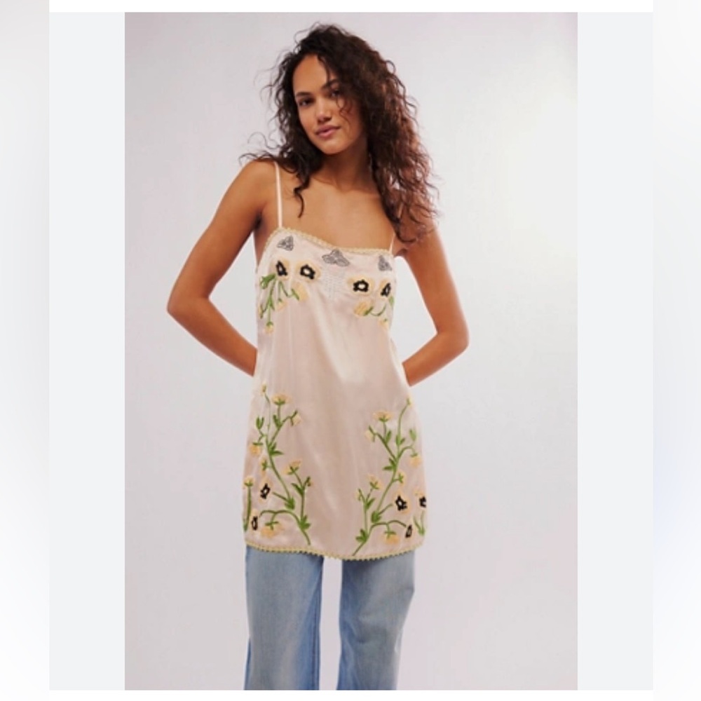 Free People Floral Embroidered Dress - Cream and Green